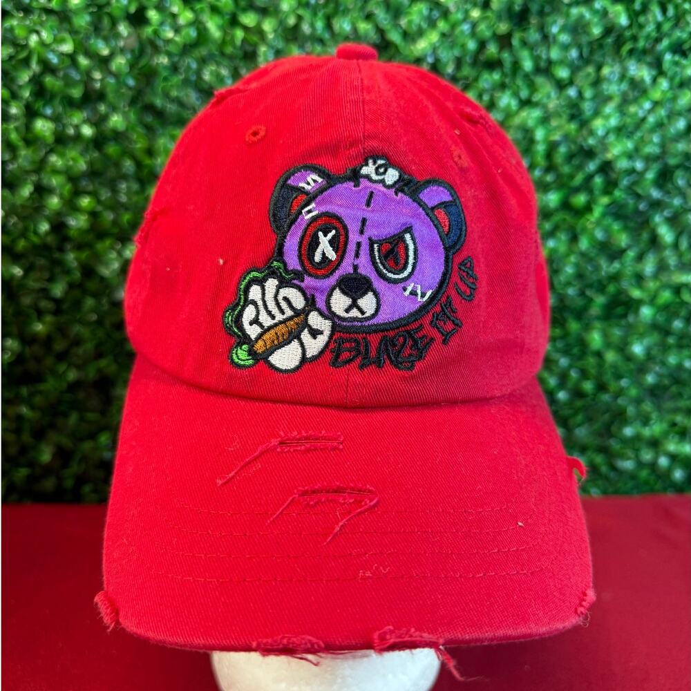 MU:KA Bear Series Distressed Dad Hat Red Purple Bear Embroidered Adjustable Cap
